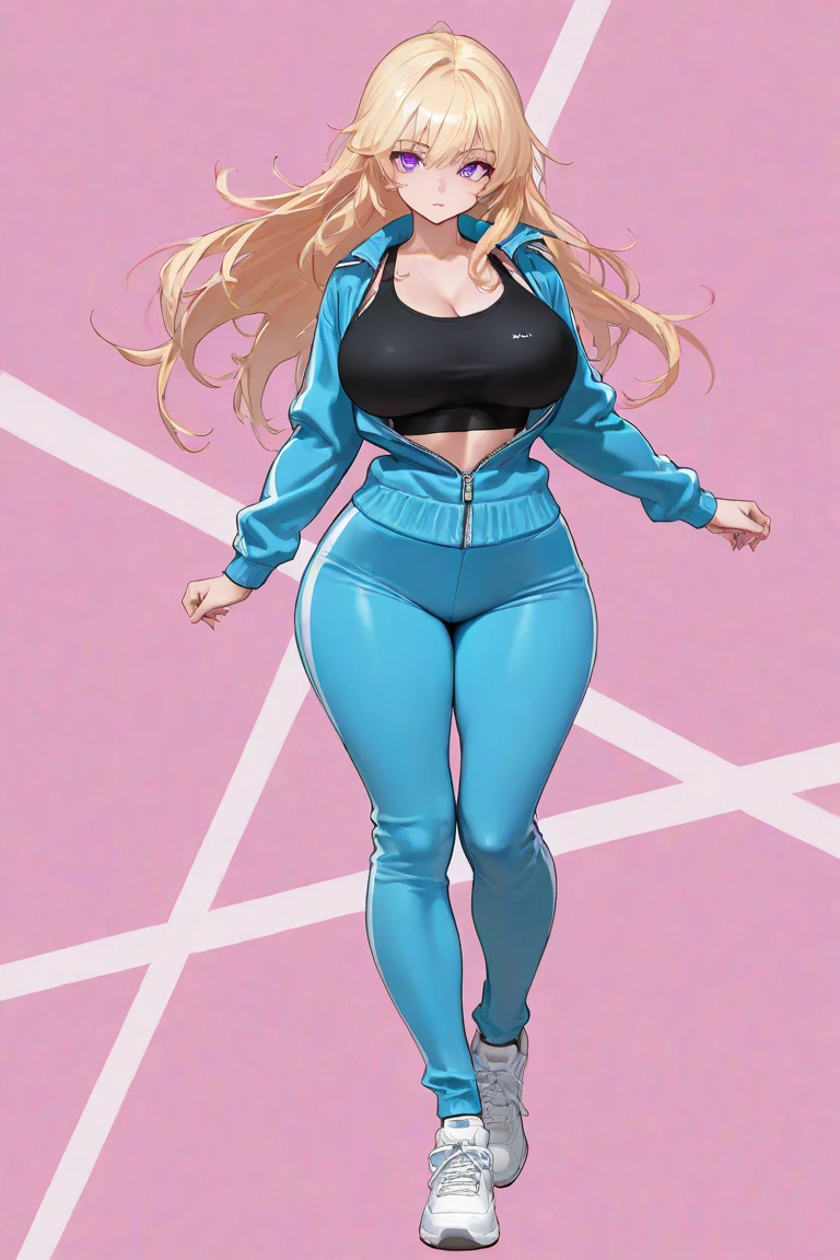 one light skin girl dressed up in a cop one piece with long wavy blonde hair. she has on sunglasses and is standing in front of a bed in a bed room with pink background. skinny girl