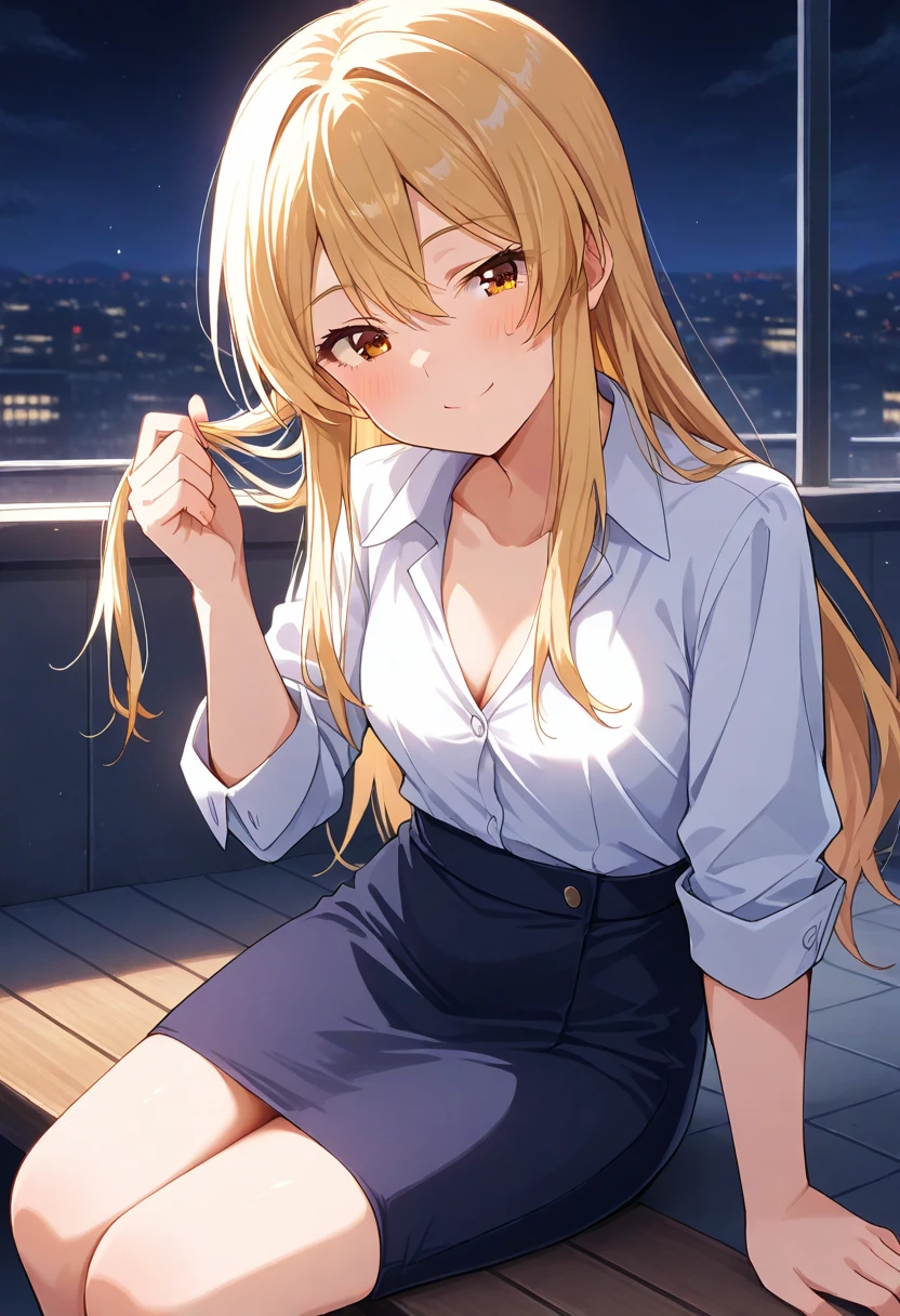 ((4K, master piece, Best Quality)), power , blonde , chifres , 1girl , medium breasts, smug , smug smile , (sexy body ) white shirt , black thong pantie ,black long socks ,standing Front , night , blood .