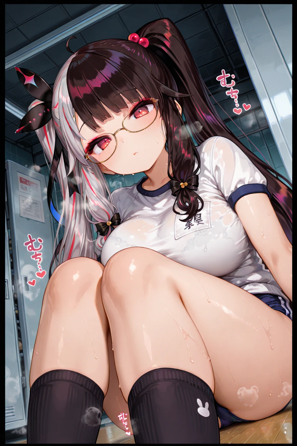 (8k、Best image quality、highest quality、masterpiece)、Detailed face、One girl、red Eyes、embarrassed,shy、((Grin))、huge breasts、((see through white shirt))、((see through))、((nipples)),((nipples visible)),((black mini skirt))、((open pussy))、sit、spread legs、white buggysocks,Shoot from below、sitting on desk,in school classroom,classroom background,Nipples,Oppai,fingering pussy,vaginal finger,hand to pussy,touch oun vagina,Exposure,pussy juice,wet pussy,cum on face,milk made braids,black hair,glasses,loli,