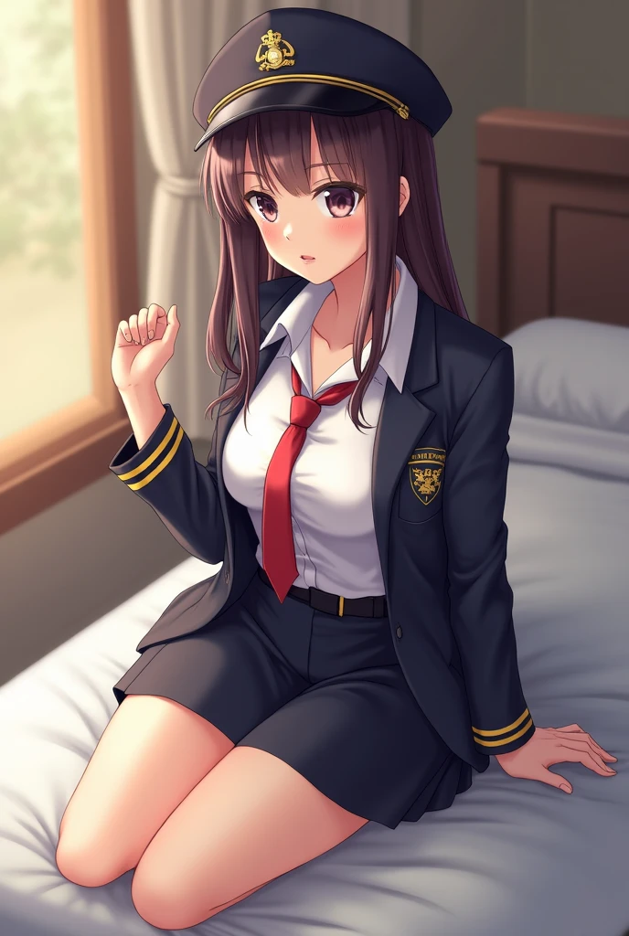 (1) A woman is sitting on a bed holding her knees, But you can see her white panties between her thighs and skirt..
(2) She wears a uniform consisting of a navy blazer and a navy miniskirt.、I'm wearing loose socks.
(3) She has long brown hair.
(4) she has a provocative personality, a smiling expression on her face.
(5) The location is the bed in the bedroom of an apartment at night..