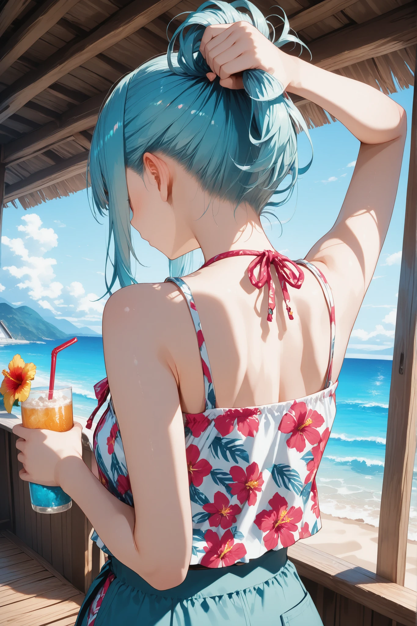 1girl,trk, hair tied in a casual side braid, wearing a sleeveless Hawaiian print top with hibiscus flowers, leaning against a surf shack with tiki decorations, holding drink,cold pineapple drink, ocean breeze, catching her hair, leis hanging nearby, BREAK, upper body shot, straight-on angle, relax expression
,
,BREAK,soft colors composition,Light color composition, finely detail,semi realistic,stunning,clear picture,intricate details,extremely detailed CG unity 8k wallpaper,stunning,clear picture,ai-generated,ai-assisted,masterpiece,3d, best quality, highres,