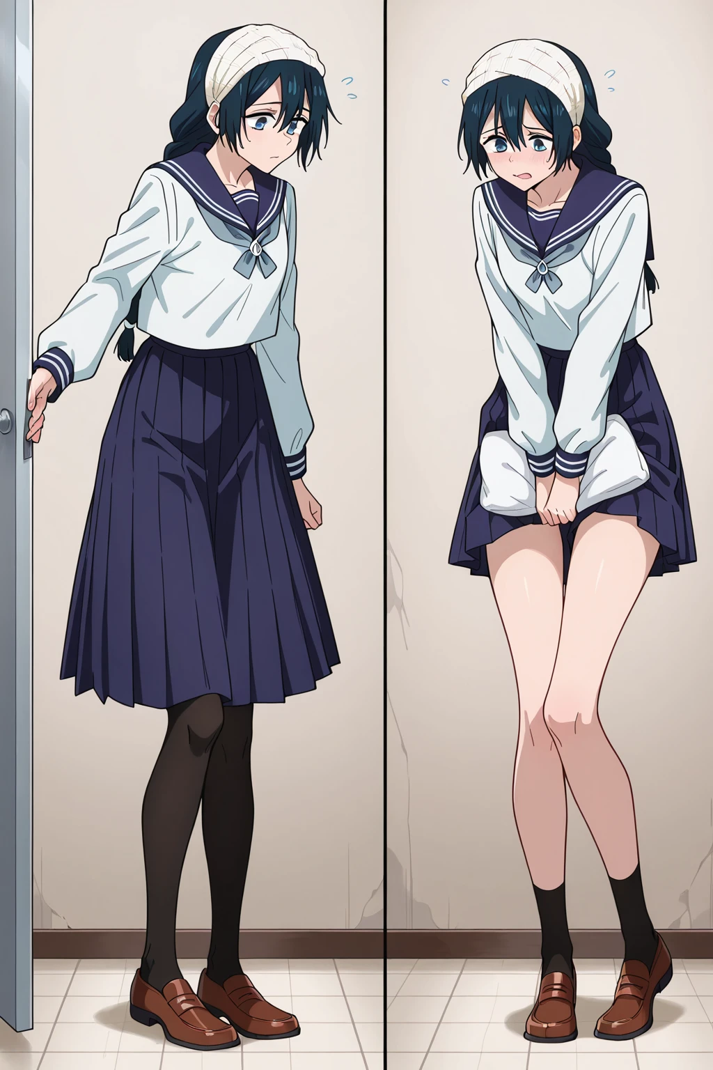 Highest quality, masterpiece, High resolution, ((Perfect hands, Perfect Legs, Perfect Anatomy)), One Girl, alone, whole body, blush, smile, I401KC, Brown Hair, Short ponytail, White shirt, Sleeveless, headgear, School Swimsuit, Sunburn, Sunburnlines, dark skin, Sailor shirt, Orange sailor collar, Completely naked, ,((nsfw))