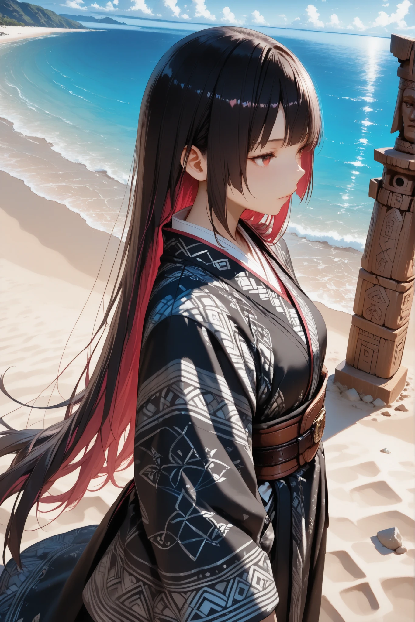 1girl,trk,, wrap, patterned clothes, traditional clothes, belt, standing, hair in wind, serene, contemplative, hongi, cultural interaction, solo, BREAK, black sand, beach, ocean, carved totem, wooden totem, new zealand, outdoors, BREAK, upper body, from above, side angle, mid-range shot,
,BREAK,(soft colors composition,Light color composition), finely detail,semi realistic,stunning,clear picture,intricate details,extremely detailed CG unity 8k wallpaper,stunning,clear picture,ai-generated,ai-assisted,masterpiece,3d, best quality, highres,