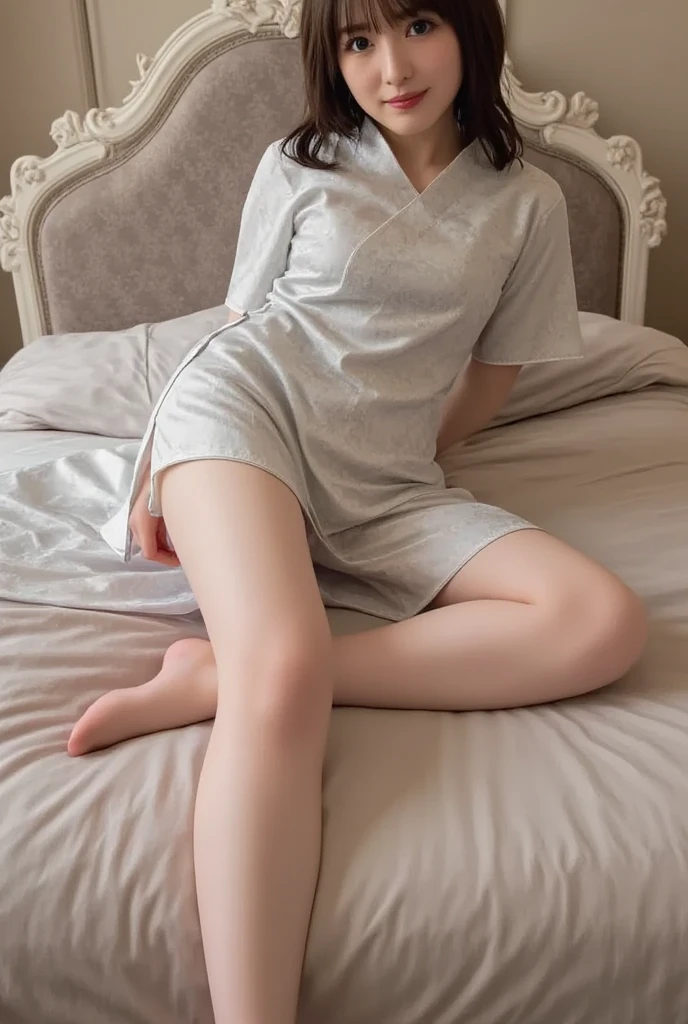 18 year old girl:1.5, just out of the bath:1.5,lying face down on the futon:2,A sexy white yukata is draped over a prone body as a comforter.:1.75，The yukata obi is not attached.:1.95,Inside the inn room:1.2, very dim lighting:1.2，medium long hair, All hair color is white:1.75, wavy wet hair，It has big white cat ears on its head.,dark eyebrows，Face red with embarrassment:1.5,slender physique，medium breasts，thin waist，big ass, thin thighs, thin ankles，Super high quality，Detailed depiction,4K, Raw photo, (open leg), (open yukata)