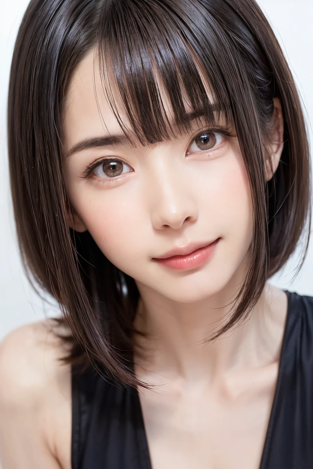 1 girl, alone, Shiny skin, , very detaileded, ultra detaileded, Ultra-high resolution, whole body, (Photorealism:1.4), (highest quality), (Best Shadow), Ulzzang-6500, detailed, Perfect lighting, Black Hair, ((Showpiece, highest quality, High precision)), One Girl, (big , Realistic: 1.4), (look up at the camera even a little, カメラをlook up, look up, look up at the camera, Looking into the camera))), alone, , White Background, snow-White Background, shut up., smile, pretty Black Hair, short hair, Big eyes, Transparent double eyelids, eyelash, listen, Long neck, Long neck, Absolute area, ((Face close-up, short hair with bangs)), 19 years old, Attractive proportions, Shiny skin, Beautiful clavicle, Golden ratio face, Perfect Face, Teardrop-shaped mole, のほくろ, bangs, clean bangs, beautiful bangs, Lip gloss, Thin lips, White skin, I took off my clothes, big , Small face, Small face, 少し上を向いてLooking into the camera, ((smile a little for the camera, really nothing pure White Background, very big big , big ))