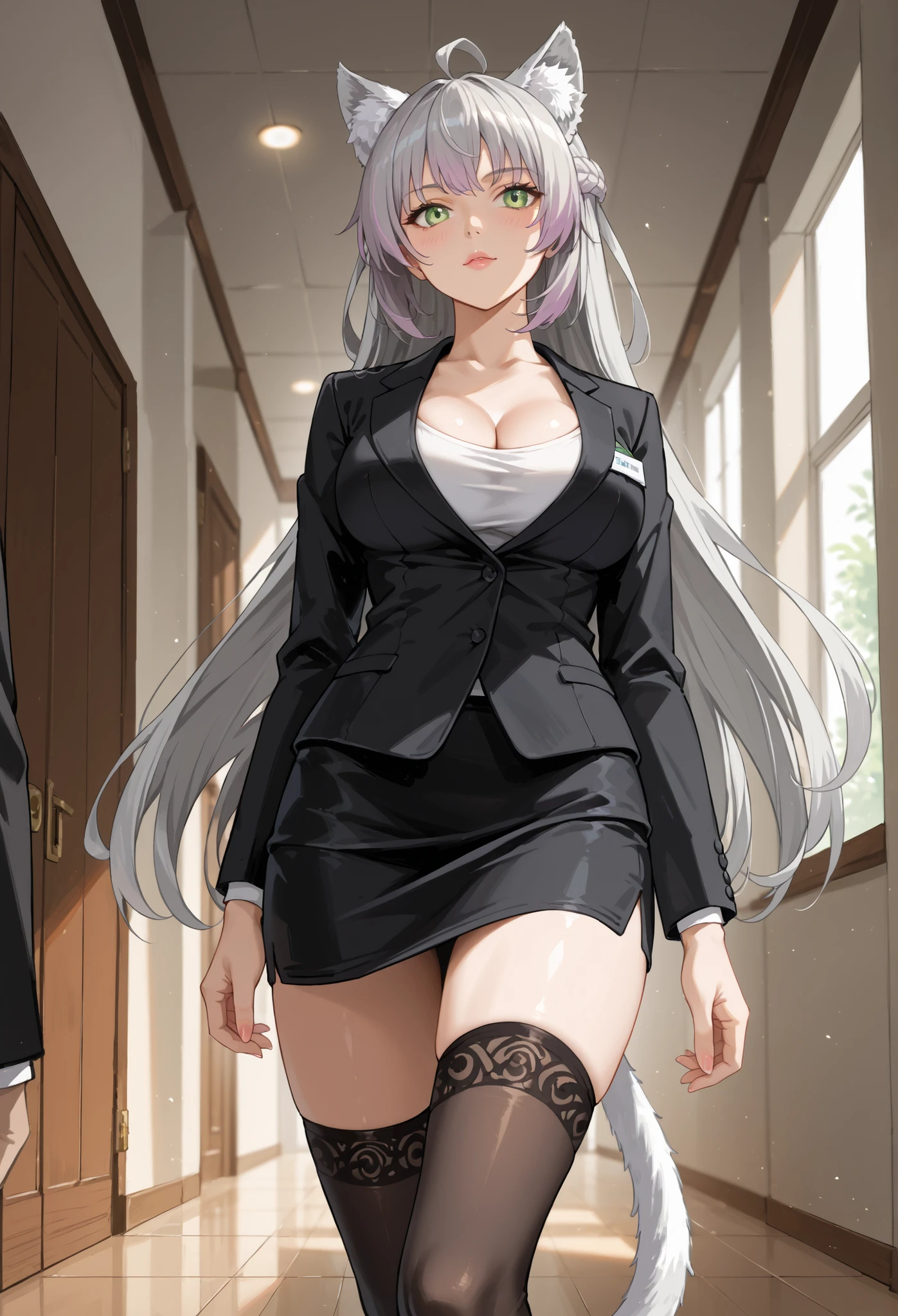 sakuyarindou768 (Wearing business outfit, NSFW, formal jacket,neck tie, tie,white shirt, skirt, heels,High waist Skirt)( big perfect round breasts,hourglass body, thin waist,btpt-fc,Photo realistic, (hyperrealistic:1)beautiful, masterpiece, best quality, extremely detailed face, perfect lighting,detailed eye makeup, detail face, nice detailed eyes,nice hands, perfect hands (realistic pupils,realistic iris:1) heavy eye makeup,gray hair,long hair,bue eyes,  (working at a restaurant, background restaurant)