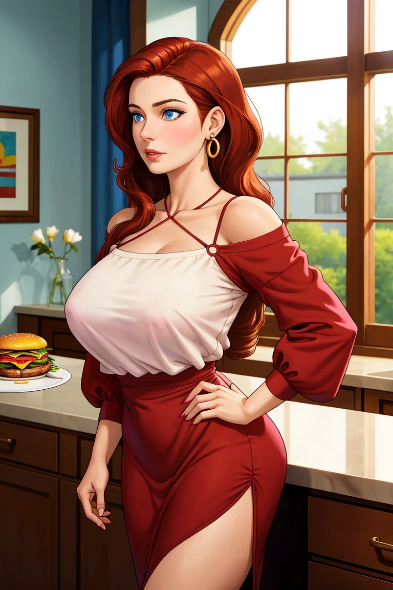 Christina Hendricks, masterpiece quality, sitting at dinner table, her breasts lay on table, in dining room, (wearing white tank top and blue pants), gigantic breasts, subsurface scattering