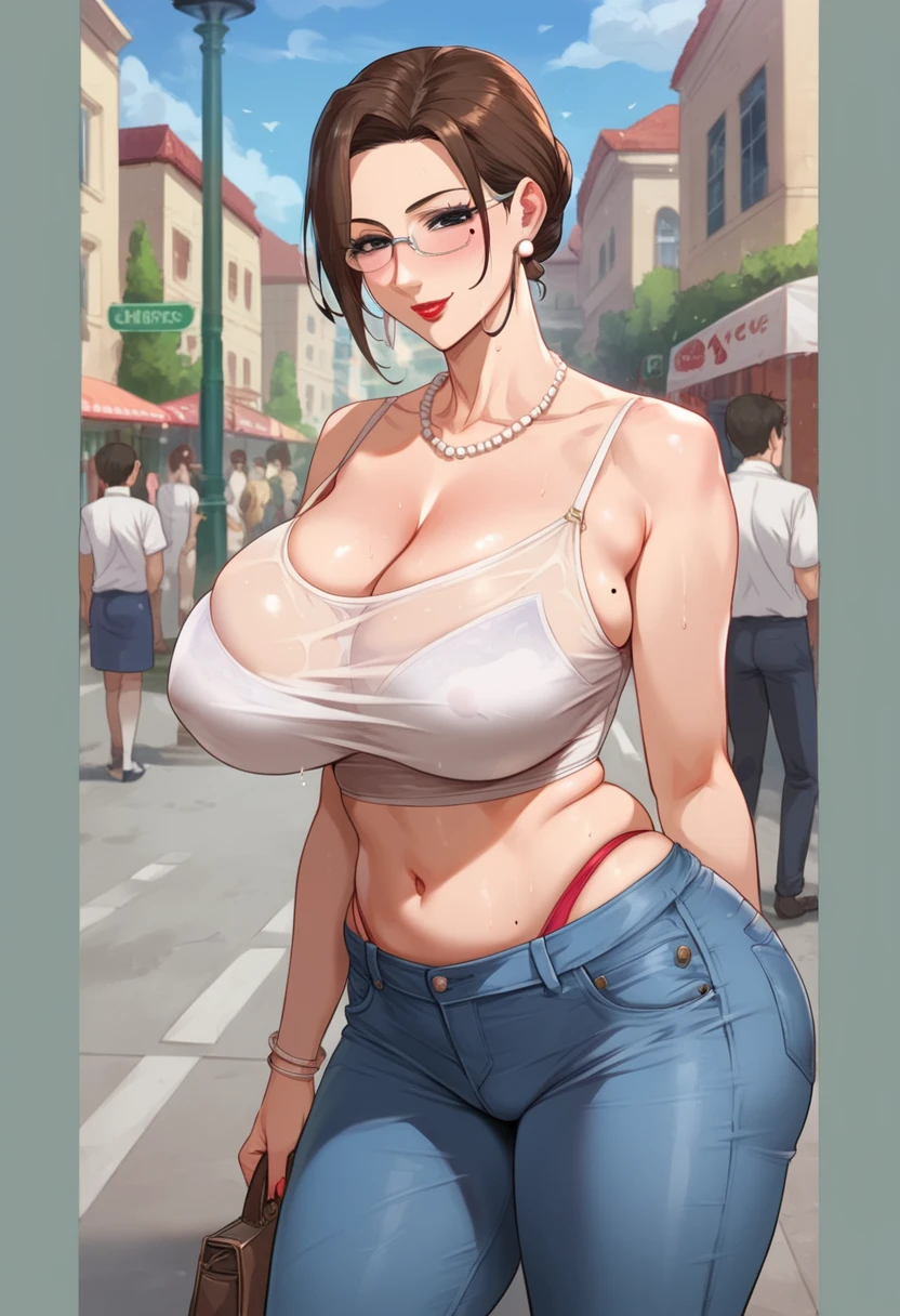 Score_9, score_8_up, score_7_up, score_6_up, score_5_up, score_4_up, source_anime, solo, 1girl, makeup, whore, prostitute, young female, sagging huge breasts, wide hips, thick thighs, BREAK Tomoe gozen, French twist updo hair, knit sweater, bare shoulder, skin tight, huge areolae, areola slip, black areolae, earrings, microskirt, belt, fishnet thighhighs, walking, sideview, brown eyes, long eyelashes, looking at viewer, pov, in Tokyo, crowded, covered nipples, bracelet, seductive smile, collarbone, head tilt, hairy stomach hair, showing hairy armpit hair, sweating, hands behind the head, necklace, handbag, hentai