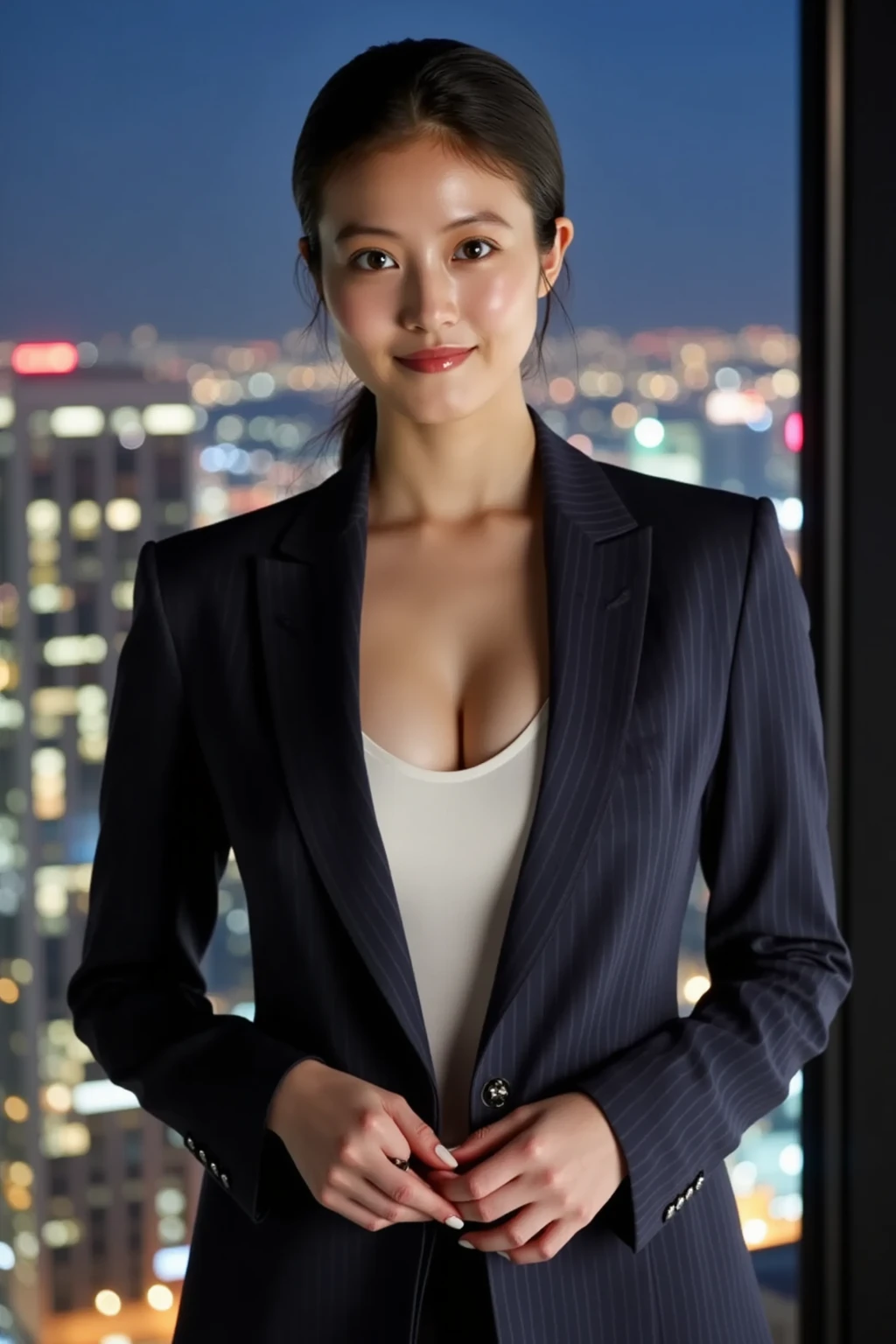 50 years Old, Indonesian mature woman, Large Tits, doctor suit, at doctor office, Dark light, at Nighttime.