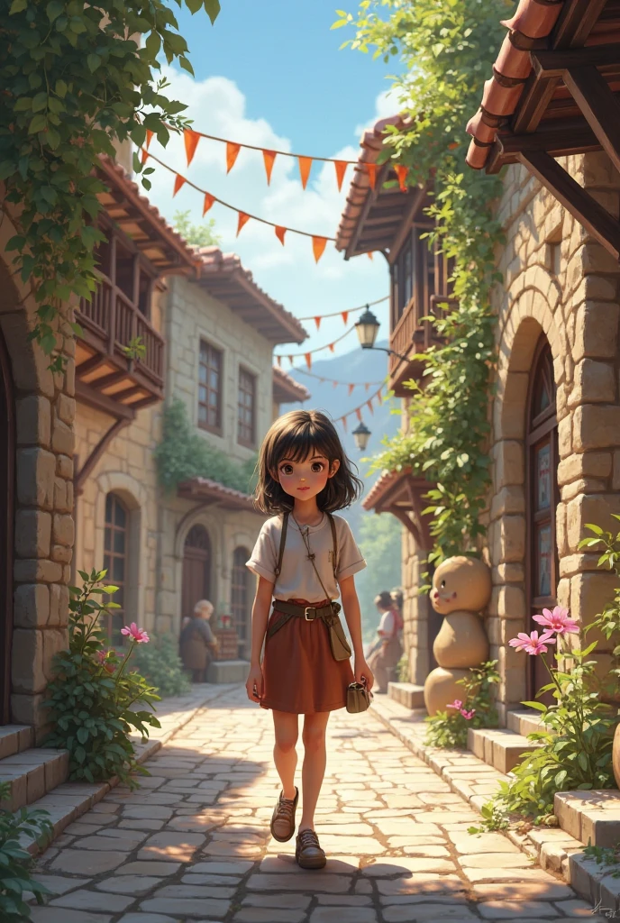 lived a little girl named Isel Imagine Isel standing at the edge of the village, her curly hair blowing in the gentle breeze, a sparkle in her eye. - 4k --auto --s2