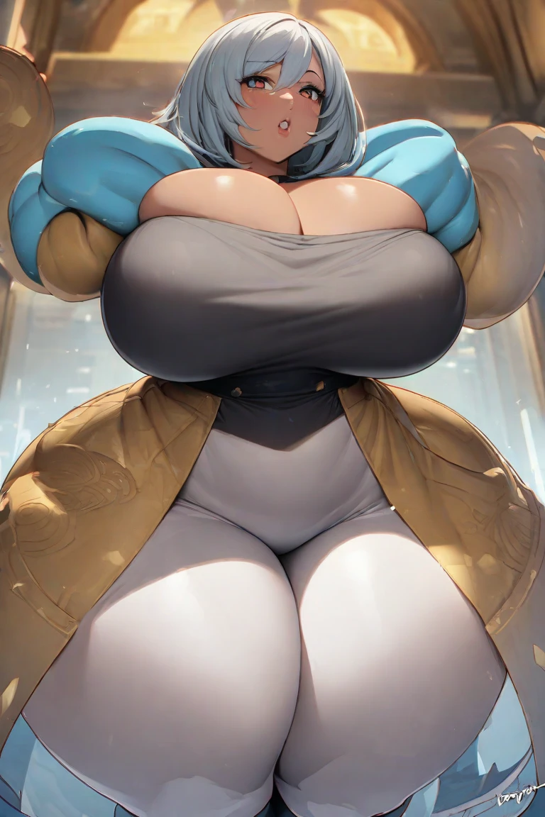 masterpiece, best quality, very aesthetic, absurdres, 1girl, mature_lady,huge oversize , grabbing own breasts,embarrassed,blush,tears in eyes, sweat, ,Android 18(Dragon Ball), short hair,blonde hair, blue eyes,  blue jacket,in a city floating in sky,floating_clothes,