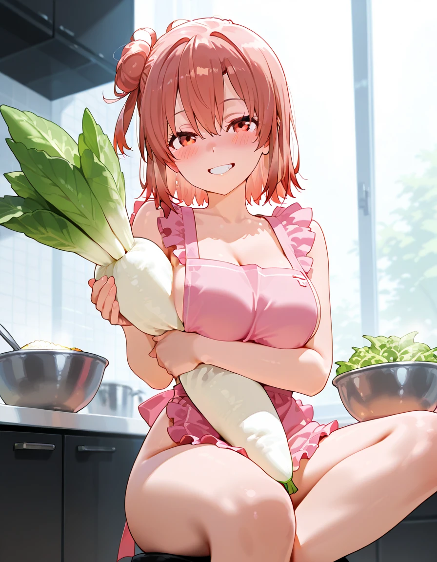 (nude, naked, 1girl, solo, ,large breasts , solo) megumin , short hair, sidelocks, brown hair, red eyes, ,  nsfw, (wearing nothing:1.5), large breasts, empty eyes ,,, 13 years old,　,Chopping vegetables ,  ,blue sky, office