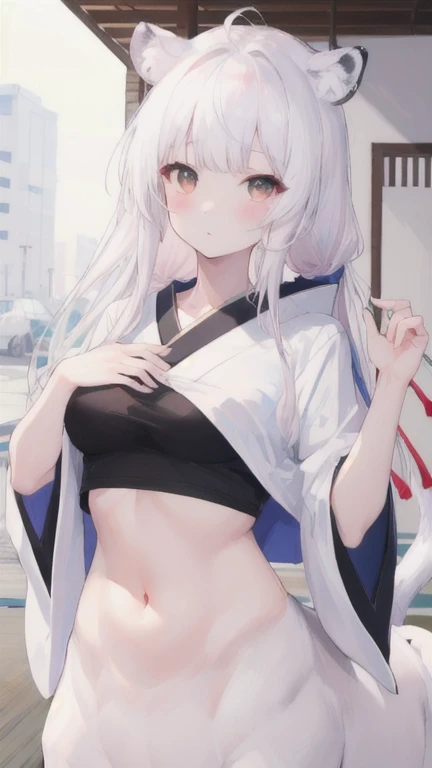 (best quality, masterpiece), 1 girl, centaur, It takes, White skin, Japanese female idol , exposing the abdomen,belly button t-shirt, 아름다운 소녀 perfect wolf photo, perfect wolf photo