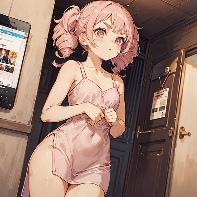 Girls with pink hair, long double-tailed hairstyle, ((small pink bushy eyebrows)), dressed in lolita clothes, marked vagina, lolicon (Zankuro) drawing style by zankuro artist, Zancro style, image uploaded to R34, changing of clothes in a room, semi naked with underwear in her hands looking away, not looking at the camera (hidden camera recording her, security camera filter recording her)