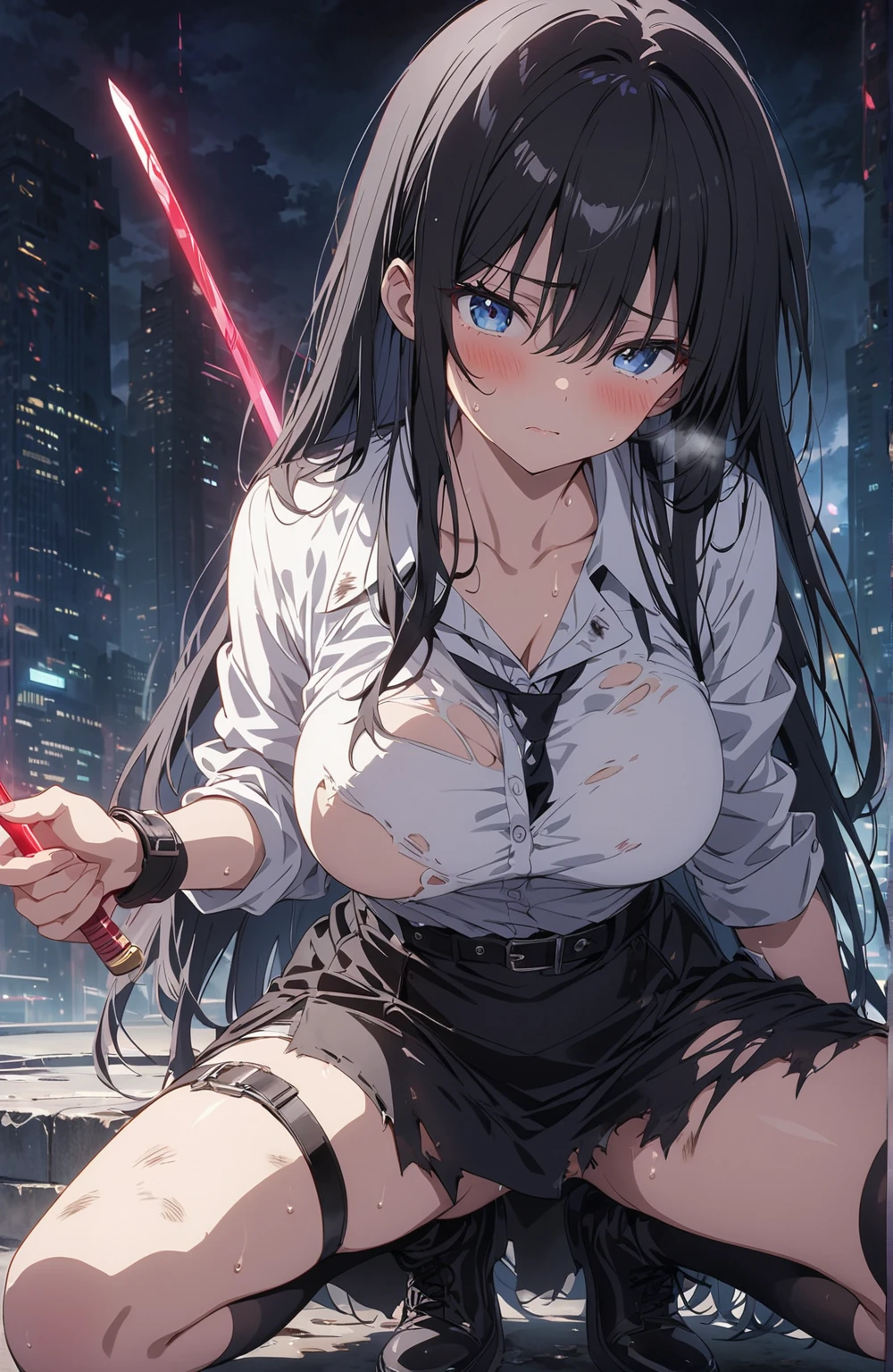 ((masterpiece, highest quality:1.3)),cowboy shot,25 year old beauty,solo,very small head,black hair,long hair,black eyes,blunt,skinny,medium breasts,long body,slender body,skinny,shiny skin,oily skin,sweat,Wet crotch、Love juice、shy,、Black tie、White long sleeve collared shirt、(Black tight mini skirt)、black_thighhighs、Japanese sword in its sheath、carry a Japanese sword、Shibuya Station、neon、at night、