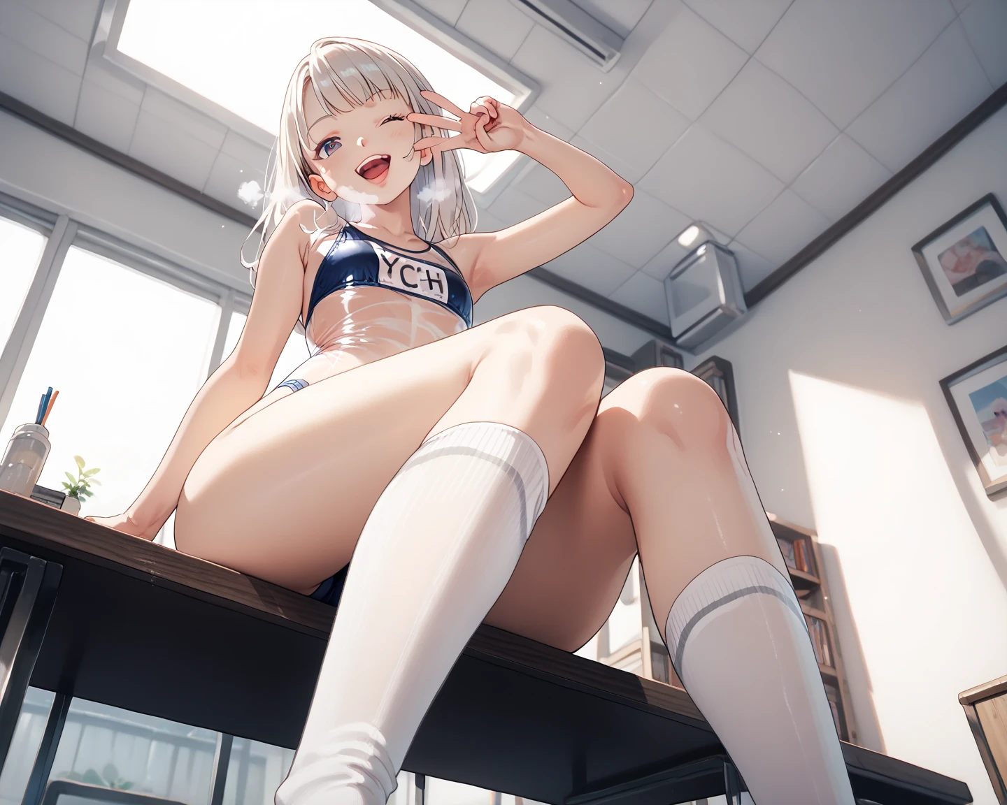 1 Girl,Kagura Mia ,white hair,Heterochromia,Half closed eyes,(Giddenmei 1.5),double braid hair,2legs,nuclear_9, snuclear_8_up, snuclear_7_up, snuclear_6_up, snuclear_5_up, snuclear_4_up, smoke, Foot focus, foot, foot perfect foot, perfect foot, best foot, stinky foot, Sexy pose looking at the audience, Solitary, foot操, permanent, View, foot, From below, Foot focus,trampling,Step on the screen,White bra,White underwear,