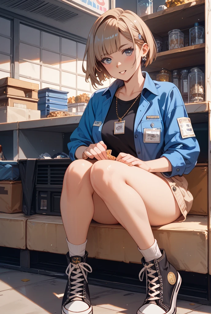 a woman, angle from below, realistic skin, drooping eyes, (casual clothes, tank top, swollen nipples, socks, (rugged sneakers)), (open legs a little, skirt, panties), (straddling and hooking her crotch onto (the standing pipe installed on the ground) for masturbation, open mouth), short hair, (side of old storeroom in the park in the summer),