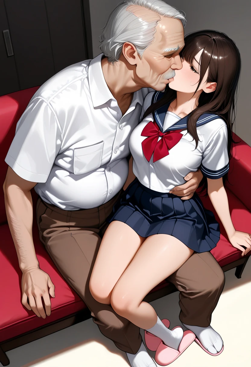 NSFW, (Masterpiece, Best quality, photograph realistic:1.4), (Shiny skin), (hyper HD, 8K wallpaper, high resolution), Perfect anatomy, Having sex, ???? inside pussy is very visible, penetrating pussy, cum in pussy, lovely face, Cinematic lighting, Physically-based rendering, Award-winning, Extremely detailed skin, extra detailed face, Eyes with beautiful details, Carl Zeiss 85 mm F/1.4, Break, (((1man 1girl, Having sex:1.3))), (upright straddle, Face to face:1.5), On the floor, Break, Very cute 16 year old schoolgirl, (Brown wavy semi-long hair and bangs), mediuml breasts，, (Wet white school shirt unbuttoned, Navy pleated skirt lift, black knee high socks, Loafer shoes:1.3), (1girll: nase, Blush mischievously, Drooling, Almost closed his eyes:1.1), (1人: A handsome (old man), Wearing a recruit uniform and (He grabbed the girl's breasts) Without expression:1.3), Break, (In the midnight classroom, Moonlight), Look straight ahead, View from below,