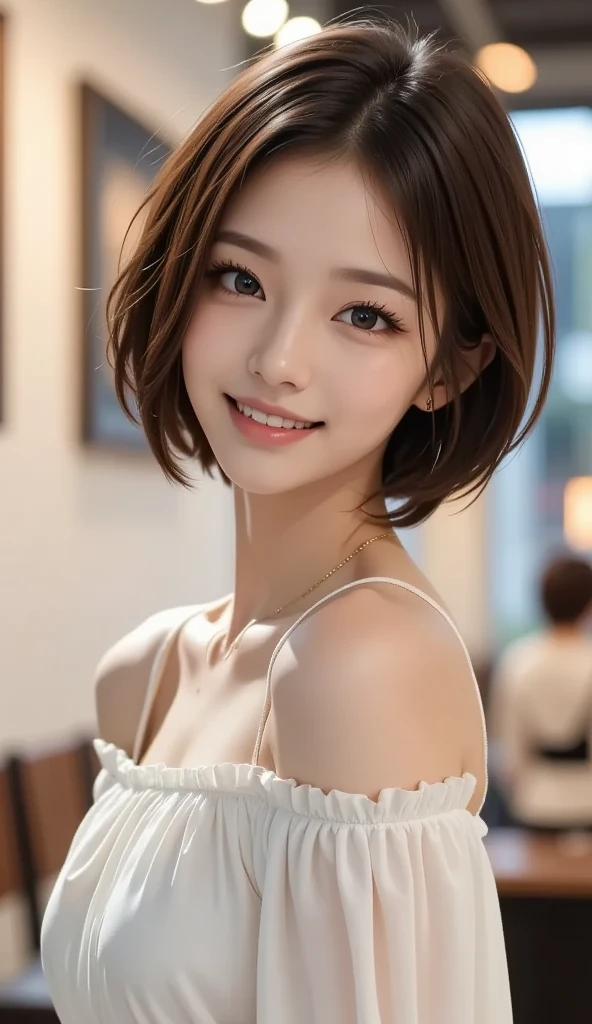 (masterpiece:1.3), (8k, Photorealistic, Raw photo, Best image quality: 1.4), Japanese 、(Random Hairstyles:1.2)、Cleavage:1.2、Super detailed face、Attention to detail、double eyelid、Put your chest together、Sharp focus:1.2、Beautiful woman:1.4、Light brown hair、Highest quality、masterpiece、Ultra-high resolution、(Photorealistic:1.4)、Highly detailed and professionally lit smile、Loose, lightweight knitwear、Shoulders out、thin、Serious expression、Short-haired、Deadly position、nipples stand out