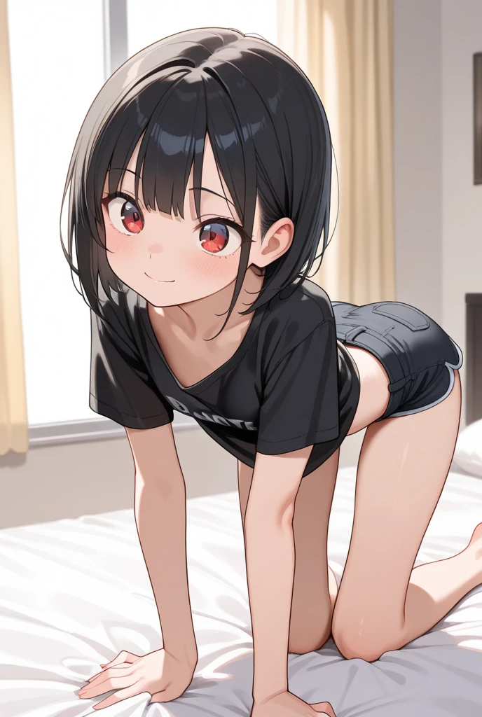 On all fours on the bed,smile,1. small  ,short hair,Black Hair,blush,White T-shirt,Olive green shorts,Brown Sandals,White skin,From below,shy,night,Sweaty,Wet,Cowboy Shot,night中,dark,Ahegao,be happy,Sigh,Eyes are hearts,Open your mouth wide,saliva,