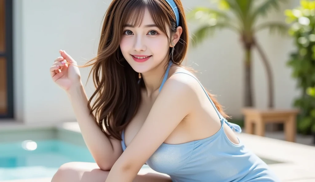 (Ultra-high resolution, DSLR camera shot, 8k, highest quality, high resolution, highest quality, highest resolution, very beautiful woman, perfect anatomy), light brown eyes, very light brown eyes, small diamond-shaped earrings, looking directly at the camera, beautiful brown hair, ((baby face, loose and cute medium ponytail)), very short and beautiful bangs on brown hair, showing beautiful décolleté, beautiful 20-year-old, lip gloss, smiling very happily, very cute smile, upper teeth, beautiful teeth, (random beautiful summer ocean or pool horizon (background only)), slightly larger eyes, small face, tall supermodel, beautifully shaped model, random cute pose, dynamic angle, eye focus, head tilt, very detailed and realistic, very beautiful 20-year-old, ((medium shot)), sharp jawline, off-shoulder top, shorts, deep waistline, sexy legs, side view, smiling very joyfully, laughing, summer daytime.
