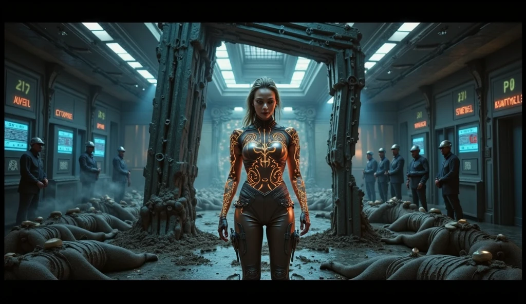 a primitive cannibal woman, unclad, with extensive body paint and weapons, stalking the halls of a space ship, hunting an astronaut, (best quality,4k,8k,highres,masterpiece:1.2),ultra-detailed,(realistic,photorealistic,photo-realistic:1.37),cinematic lighting,dark sci-fi atmosphere,highly detailed face and eyes,hyper realistic skin textures,intricate body paint patterns,sharp focus,physically-based rendering,extreme detail description,professional,vivid colors,bokeh
