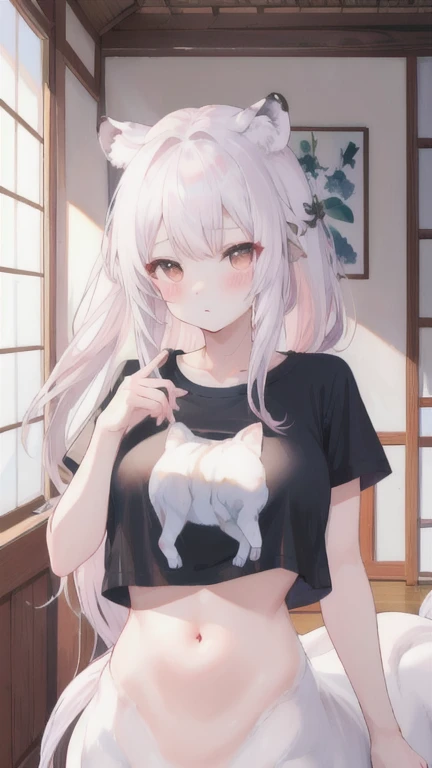 (best quality, masterpiece), 1 girl, centaur, It takes, White skin, Korean ,daughter, black pink,Smiling, exposing the abdomen, belly button t-shirt , 아름다운 소녀 perfect white tiger photo, perfect white tiger photo