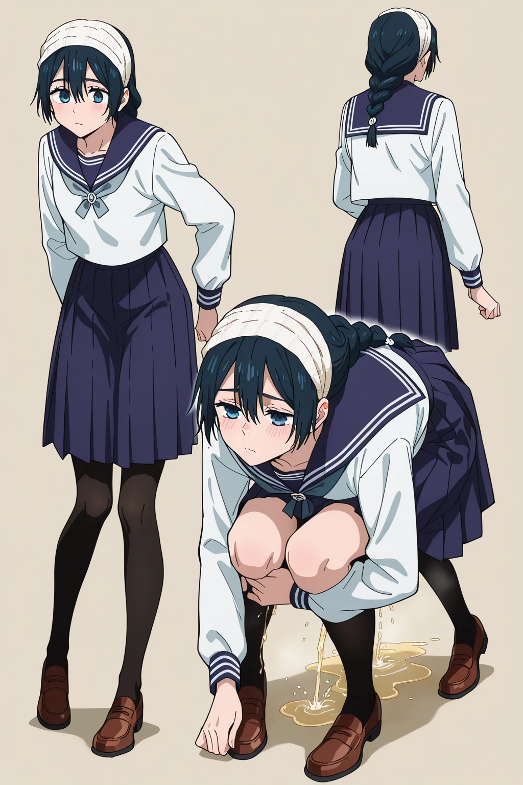 Completely naked,One woman,Hime cut,Deformed characters,Completely nakedで校庭に立つ女性,Japanese schoolgirl,loose socks,loafers,Long scarf,4 heads,Flat Chest
