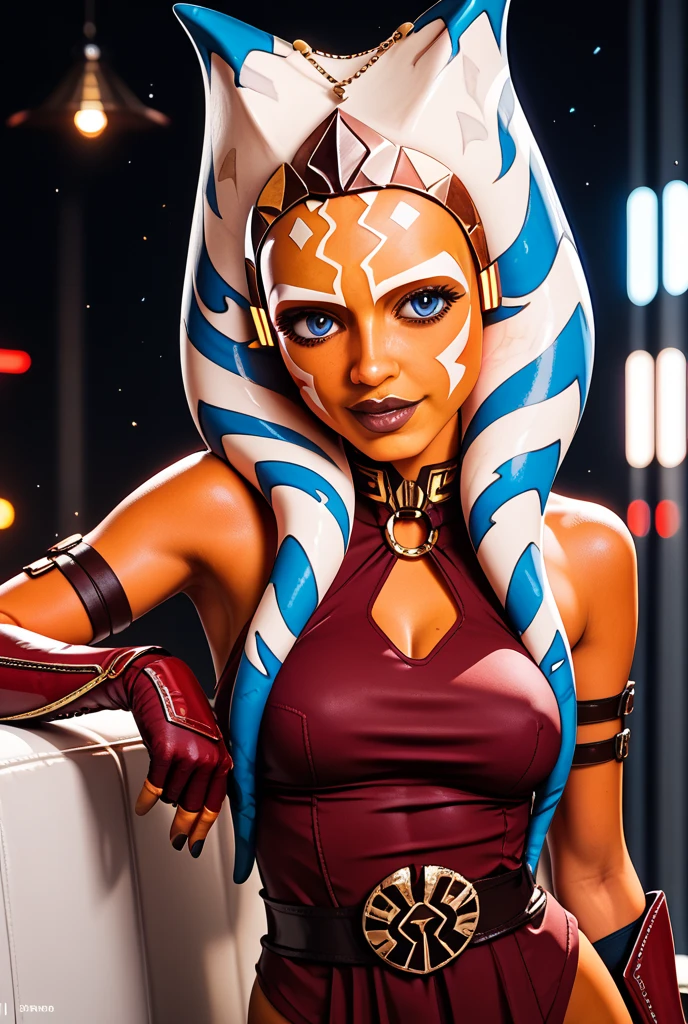 (masterpiece, best quality), 1girl, beautiful face, ahsoka_tano, orange skin, facial mark, tattoo, cleavage, fully clothed, pink clothes, jedi robe, sexy pose, serious look, curvy body, full body shot,