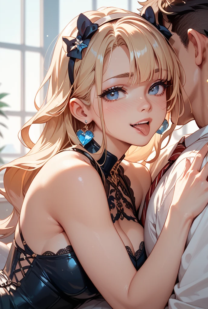 (Ultra-high resolution:1.2),(highest detailed and skin:1.3),(Extremely detailed and beautiful eyes:1.2),transformation、(((1人のBlonde美女 and 1人,A woman in love and a fat man,Fat man groping woman&#39;s breasts 、A beautiful, cute girl hugs a fat man and has her breasts touched、Princess)))、((A beautiful and cute woman having her breasts massaged by a man))、Blonde:1.3、Long Curly Hair、Large Breasts、Expose、乳首はExposeしている、Rin々Funny face、shame、Light green eyes、Princess、A gorgeous dress with white frills and lace、Lace gloves、tiara、Mini skirt in front、Long skirt at the back、Black Lingerie、Browsing Caution, Please open your mouth wide、blush、Embarrassing、white silk lingerie、(Breasts being massaged vigorously by a man)、hand in panties、nsfw:1.9