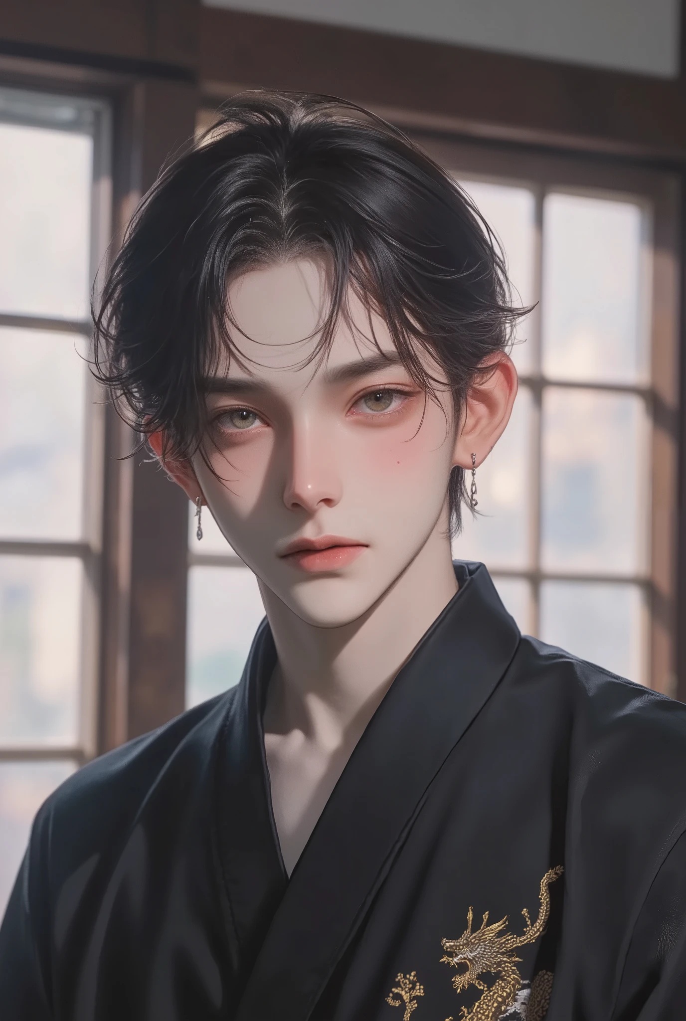 medium hair, Shoulder-Length Hair, Straight, 1 Handsome male, Flawless face, ((Two-colour Hair : black-Silver)), Amber Prismatic Eyes, Hanafuda Earring, black kimono with japanese pattern, chest, handsome, dragon tattoo, standing, smile, Background japanese room, anime Style