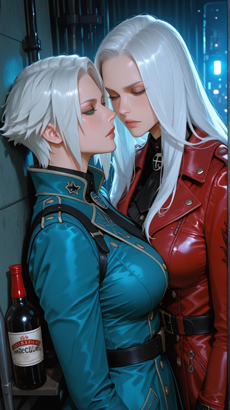 Beautiful girl, full bodyesbian, Attractive body, Slim beautiful body, Attractive beautiful face, Big chest,Small man's waist,Silver-black leather cavalry armor, long white hair,Cyan eyes,Lie down in bed,spread their legs,pleading eyes,streaming tears