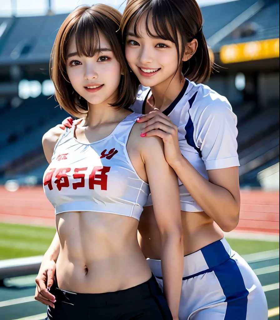 The best masterpieces, absurderes, (ultra-quality: 1.32), (The ultra -The high-definition: 1.4), (超A high resolution: 1.3), (CG Unity 8K wallpaper: 1.2), (Detailed eyes and skin: 1.35), (detailed facial features: 1.25), (Detailed pupils: 1. 36), precise and perfect human body structure, (authentic skin: 1.26), 
hyper realistic photography, foco nítido, High dynamic range, Face Light, Dynamic lighting, Cinematic lighting, Professional Shadows, Digital SLR, 
(((Ponytail: 1.47))), Maroon hair, (Blue eyes: 1.28), thick bangs, Blue Ribbon, Show white teeth and smile, cleavage of the breast, large full breasts, Attractive thighs, abdominals, shinny skin、
(Black and red track uniform, Sportswear, sports bras, sports bikinis:1.3), Track and field athlete standing with legs open in stadium、both hands on hip、rikujou, track and field,