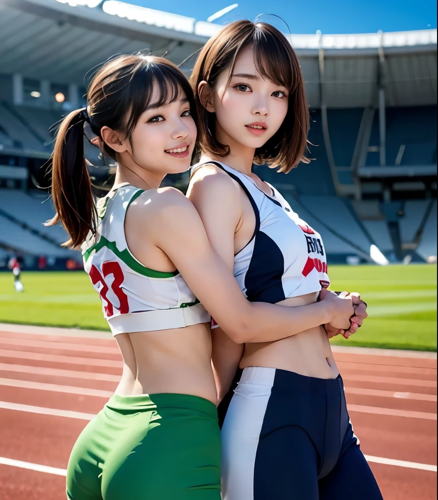 masutepiece, Best Quality, japanaese girl, 8K, Raw photo, top-notch quality, masutepiece, nffsw:1.2, exceptionally detailed RAW color photo, professional-grade photograph, (Realistic, Photorealistic:1.37), (非常にDetailed skin:1.2), 超A high resolutionな, (lenz 50mm), (masutepiece, top-quality:1.3), (2girls:1.4),(Smile:1.2),8K,japanaese girlのRAWポートレート,Photorealistic,超A high resolution,Best Quality,
BREAK
(from behind),(Short leggings:1.1),athlete,Track and field uniform,(Sweat,Shiny skin:1.1)(Small breasts),(Well developed butt muscles:1.2),Athletics Stadium
break
(Natural Skin Texture,Detailed skin, Hyper-Realism,ultra sharpness),Intricate details,depth of fields,Natural lighting、hposing Gravure Idol、Adults、、cute little、Blonde Long Hair、large full breasts