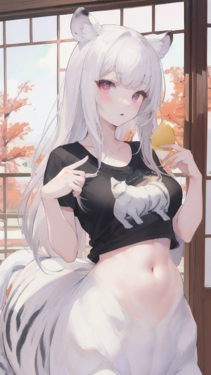 (best quality, masterpiece), 1 girl, centaur, It takes, White skin, belly button t-shirt, 아름다운 소녀 perfect white tiger photo, perfect white tiger photo