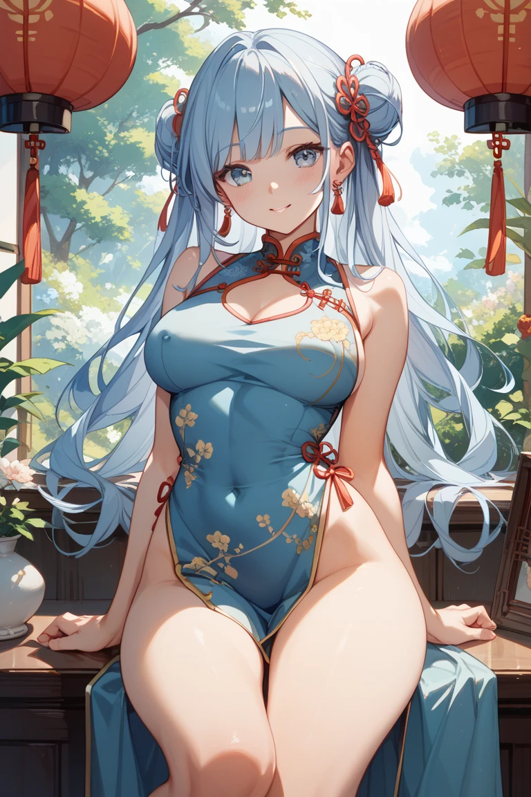 masterpiece, best quality, <lora:ptf6-3:1>, china_dress, blue_hair, little smile,