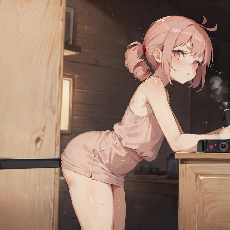 A Female robot is sleeping in a fridge, spread legs, nude, banzai pose. she wears no dress. She Brown short hair is tied with two big red clothespins, She lifts up the under hem of her white plain dress, leaning over, masterpiece, very short pigtails,brown hair, mature, android, blue eyes, full body figure, Height: 160cm, flushed cheeks, 2020s anime picture, A beautiful robot with short brown hair in two short pigtails held up by two very large huge red clothespins, Uplifting, No NSFW, whole body, barefoot, archaic smile, getting orgasm, 25 years old, sweat bucket. robot skin. Her vagina is inserted.