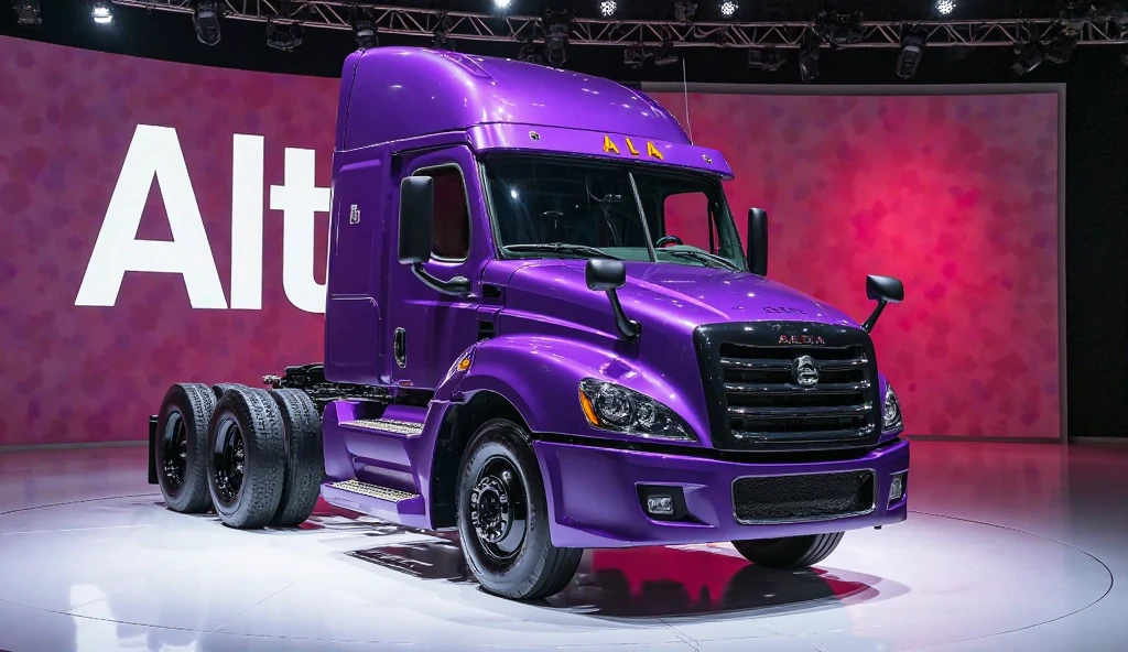 ((1 driver)), (model, 35 years old, guy)), front view of a truck, dark purple truck , soft light, close up picture front view of the truck, masterpiece, best quality, photo-realistic, 8k, high resolution, detailed skin, 8k uhd, dslr, soft lighting, high quality, film grain, Fujifilm XT3