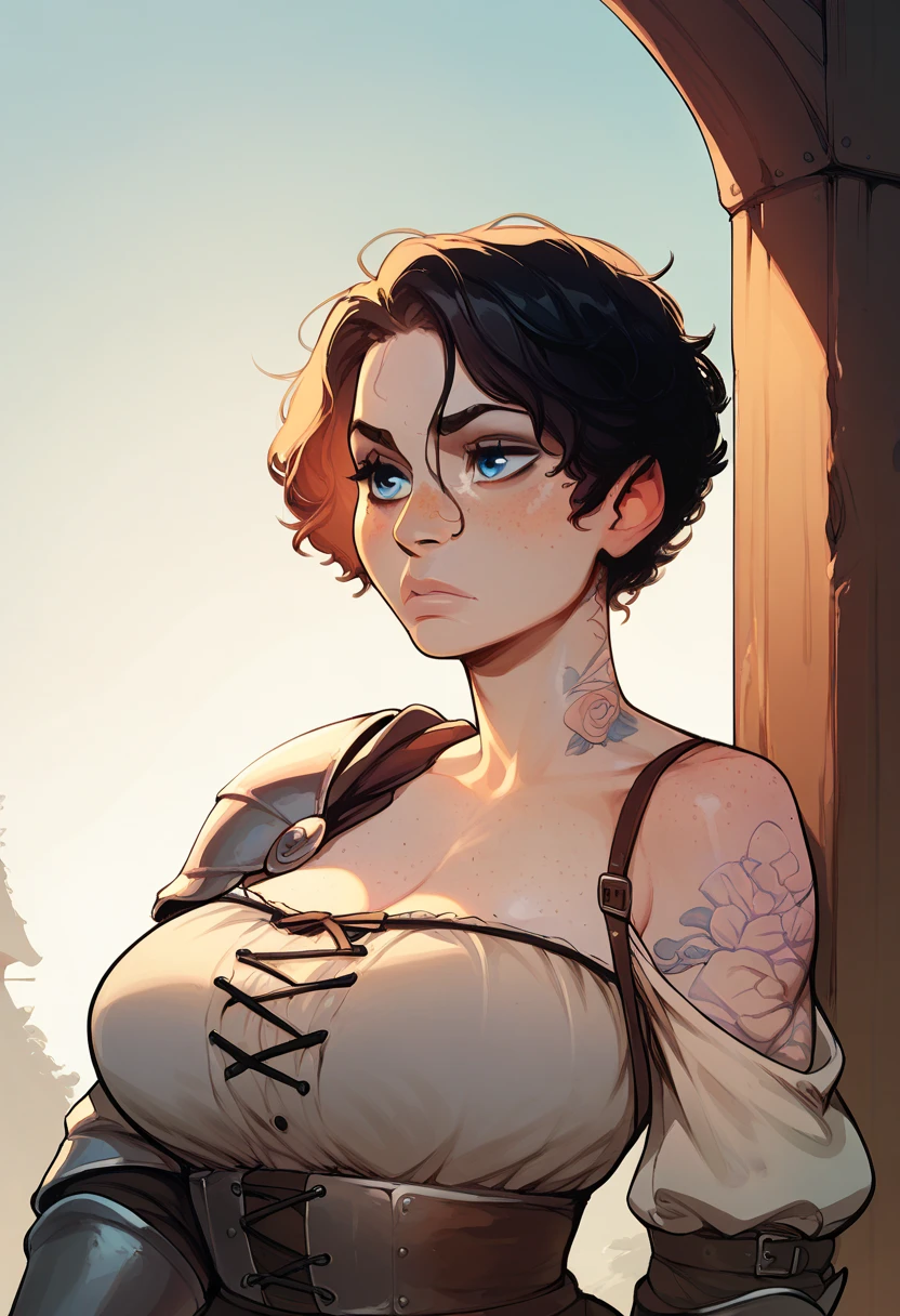 8K, (best quality:1.3), (masterpiece:1.3), (detailed:1.2), distinct image, ((portrait shot)), ((photogenic, rule of thirds)), RAW photo, (realistic art style:1.2)
Solo, looking at viewer, impressive expression, Rectangle-Shaped Hourglass body, ((Puffy breast)), Full Cheeks face, Bob Cut Blue-Black hairs, Black eyes, Viking Shieldmaiden costume,