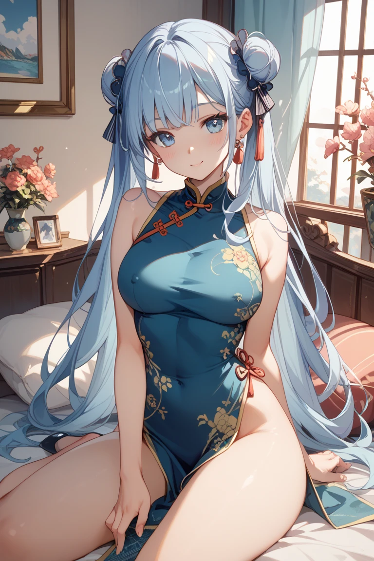 (((アニメ調cute顔))), ((((Light Blue Twintails)))), (Nice brown skin)hair ornaments、Lewd、((((Sleeveless Chinese dress with short skirt))), Highest quality, (Sharp details), 8k, ((cute)), (looking at the camera),,cute胸、The cleavage is noticeable、Nipples stand up、Show your belly button、Height: 160 cm、Embarrassed face、Very big blue eyes、sparkling pupils、anatomically correct body、Big thighs、slightly muscular、((The Chinese dress has a noticeable slit))、White pants look、Light from the front、The face is bright、Temptation Pose、Lewdダンス、vulgar dance hall