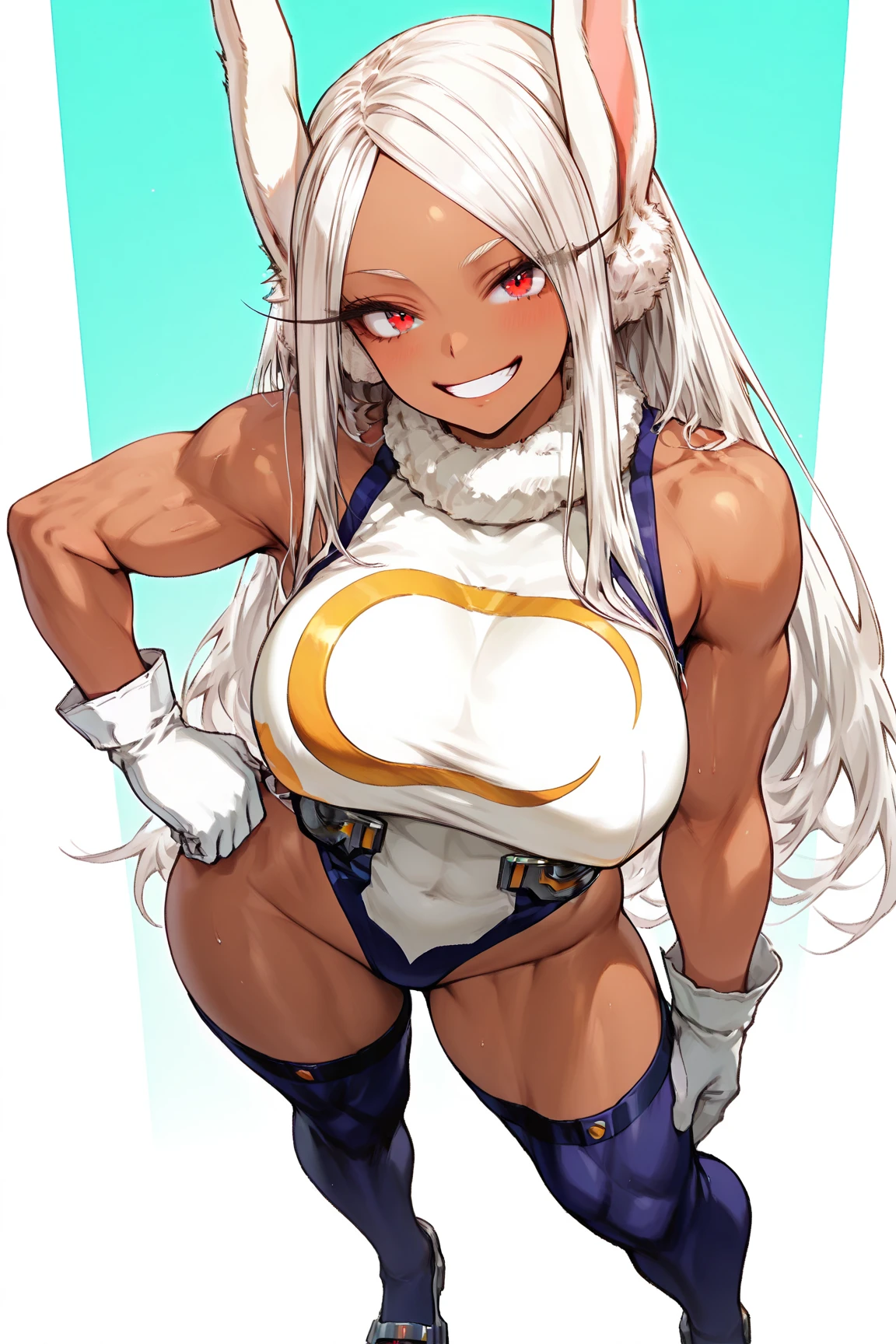 masterpiece, best quality, ultra-detailed, Potrait of beautiful , (chubby) (muscular), (plump), (sexly), (cleavage),(Breasts), (Plump), (Gray Hair), (calm), (overweight), ((Saggy breasts)), ( (belly button), ((thick)), (red eyes), (tan), (rabbit ears)