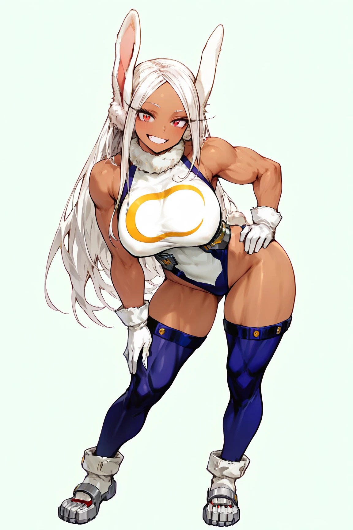 Score_9, score_8_up, score_7_up, source_anime, 1girl, rumi usagiyama, long hair, animal ears, white hair, dark skin, rabbit ears, dark-skinned female, muscular, rabbit girl, muscular female, red eyes, parted bangs,thighhighs, gloves, sleeveless, white gloves, leotard, turtleneck, highleg, highleg leotard, fur collar, sleeveless turtleneck, turtleneck leotard, sleeveless turtleneck leotard, crescent print,, sitting on top of a man