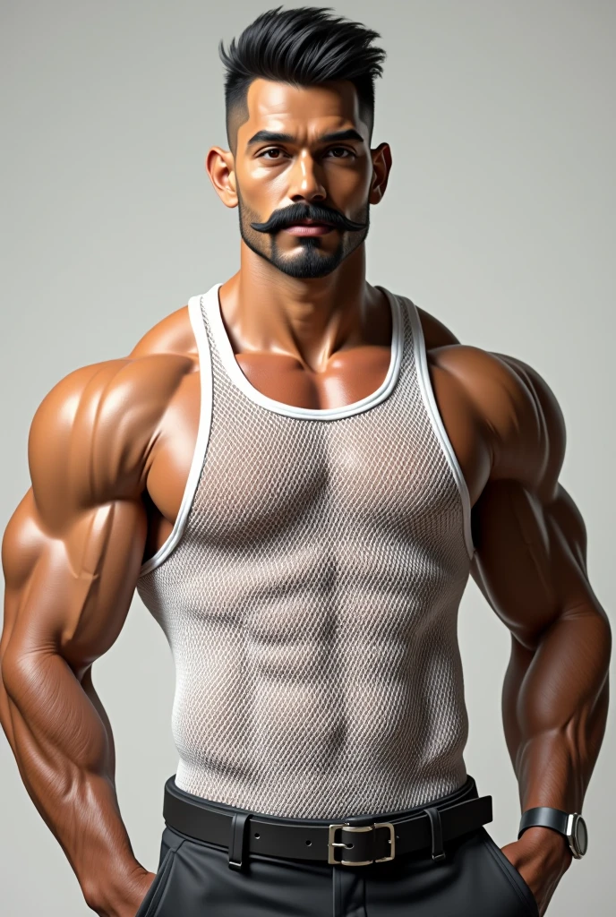 (masterpiece, intricately detailed, highest resolution, best quality:1.2),a cocky Mexican drug dealer, a 23 y.o muscle stud with a muscular physique sitting on a chair completely covered with jewelry, big chain with a huge pendant, with black eyes,dark-skinned male, chavalpha , beardalpha, bald head, signature mustache, gay chest harness, huge beard, mutton- chops,flaccid penis,saggy balls,((excessive cum:1.2)), ((cum on body:1.2)), cum drip, hairy chest,vascular,muscle striations,soft light,fantastic realism,