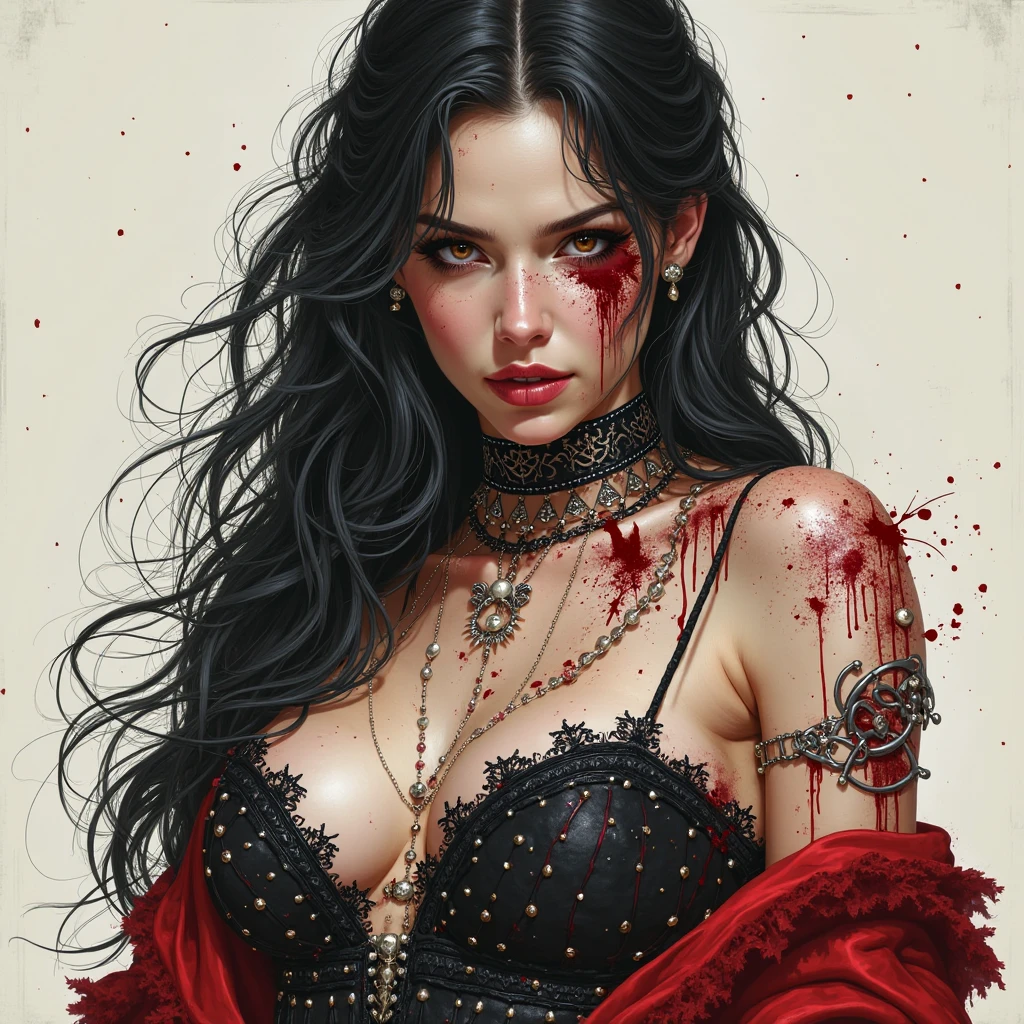 A vampiress seductress is caressing her body, close up on her hands as she caresses herself, foggy bedroom, lying on bed