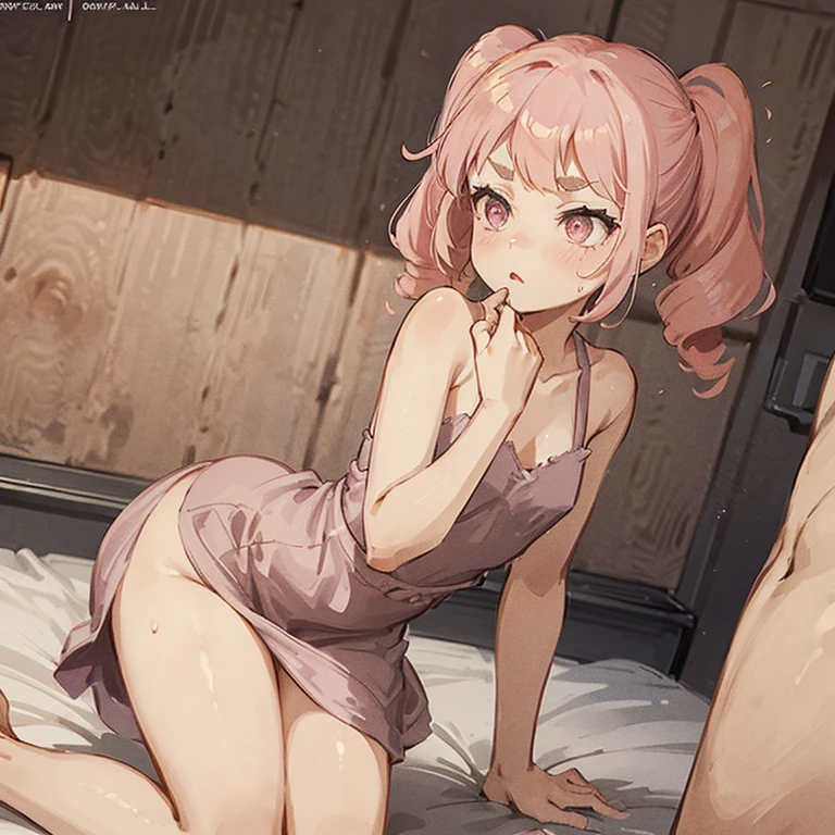 Wearing a light pink bra、A slender woman wearing a dark pink jacket over her。her lower body is naked。Her hairstyle is a ponytail。Her hair color is brown、The eyes are red。Her breasts are exposed through her bra。Having sex。