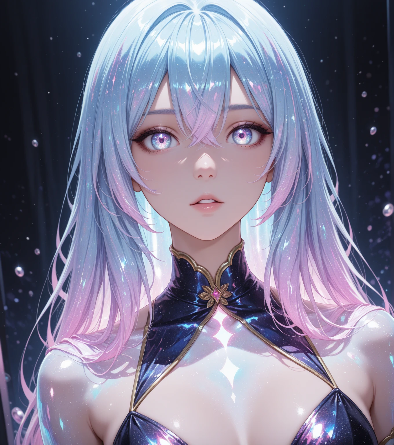 masterpiece, The need for goodness, 1 person, Adult, Mature Woman, Tall muscular man, Dark Theme, Magic array, bubble, Rainbow sunshine, In the water, mirror, Floating Glass Sheet, Rainbow Light, bubbleスワール, Whirlpool of the wind, Aurora, Fantasy Landscape, Starlight around the character, (Upper Body), Naked on Upper Body, Unicorn Tattoo