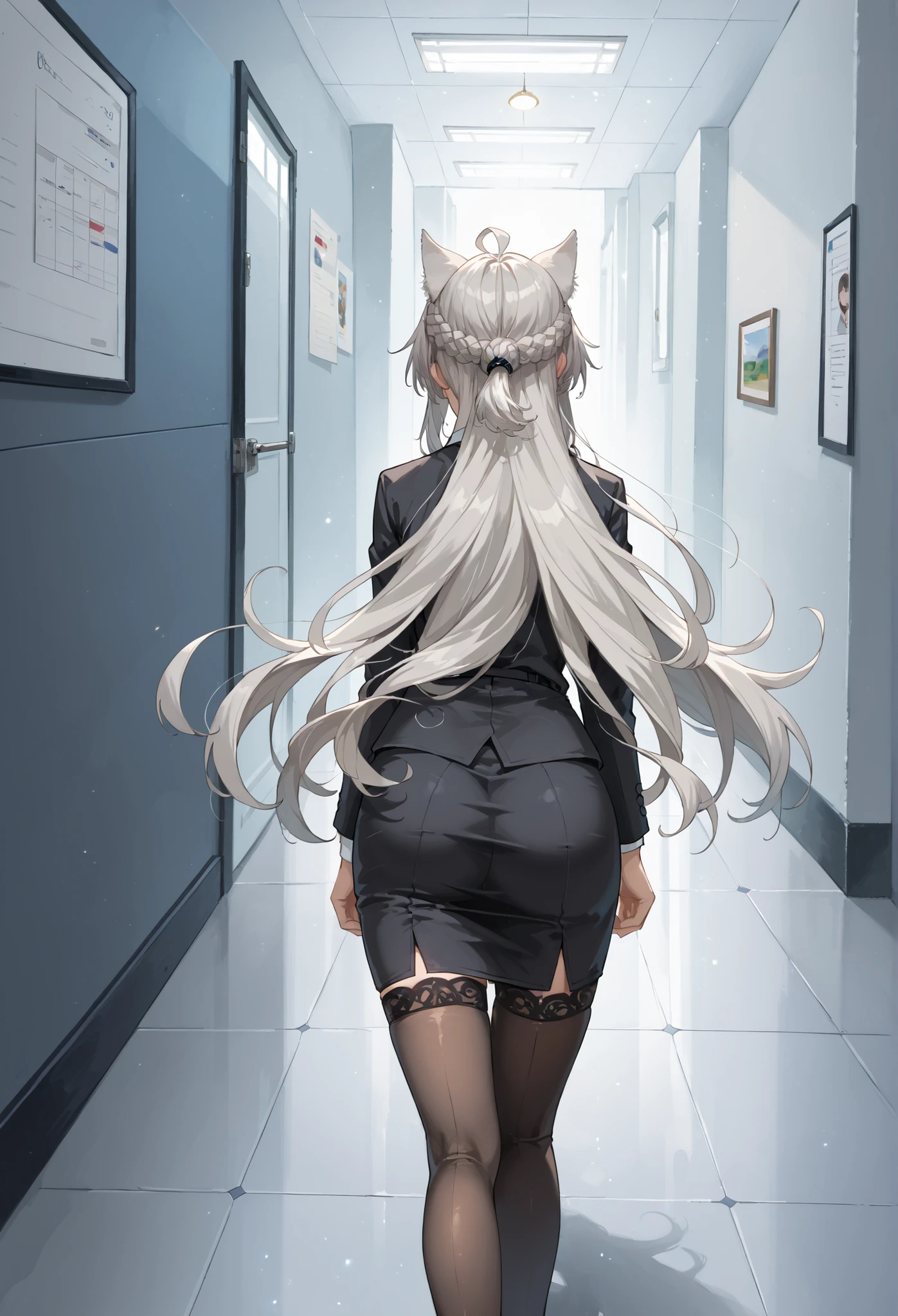 score_9, score_8_up, score_7_up, source_anime, 4K,perfect fingers,(perfect hands, perfect anatomy),prefect lighting, very aesthetic, intricate details,highly detailed background, masterpiece, high quality, best quality,
1girl,((solo)) ,atalanta, green eyes, slit pupils, grey hair, long hair, ahoge, animal ears, cat ears, , Large breasts,,
wearing ((office lady,black suit jacket, white t-shirt ,cleavage, black pencil Skirt,thighhighs, )),,
walking away,  lower body and rear view, walking down a long, light-blue corridor,  light and muted colors, digital painting style, light source from front, sharp focus, smooth transitions between colors, detailed lighting, slight glow, perspective from slightly below, character centered in the frame, anime style, on the floor, hallway leads to bright area,  