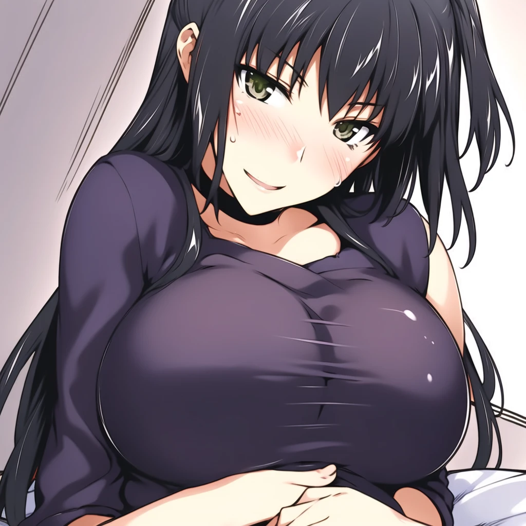 1 milf & 2 man, purple and slightly black hair, wearing a black tank top, cynical look, angry face, white background, erotic, full body, sex scene, butt, clothes off, doggy style sex
