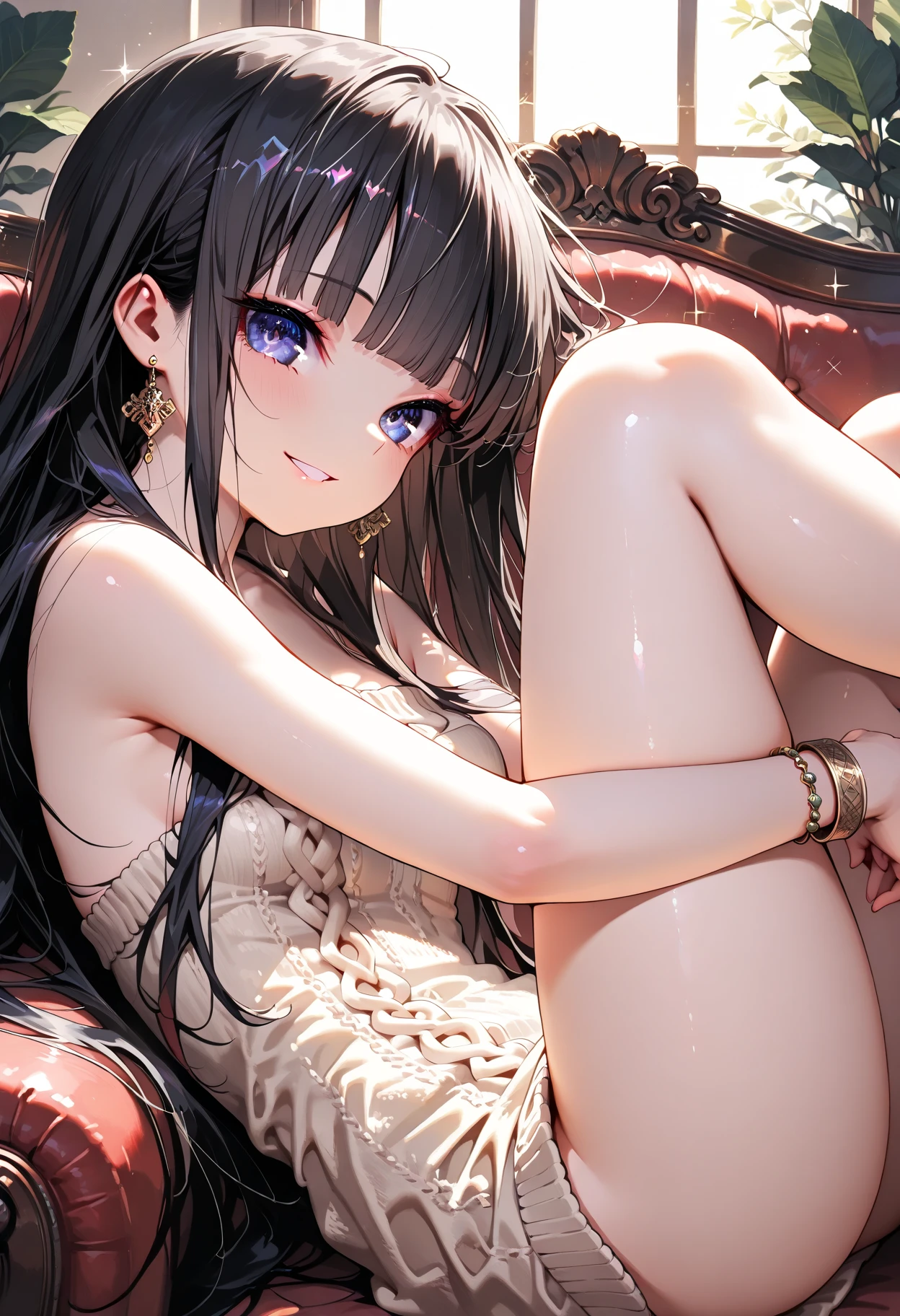 a masterpiece, best quality, 8k, photorealistic,Perfect feet, 1 girl, beach, reaching forward, long black twin tails, (golden eyes:1.2), heterochromia, (red eyes:1.2), Kurumi Tokisaki, smiling, gothic ta accessories, Victorian maid headdress, black ribbon, maid outfit,Sitting posture, Lift the soles of your feet