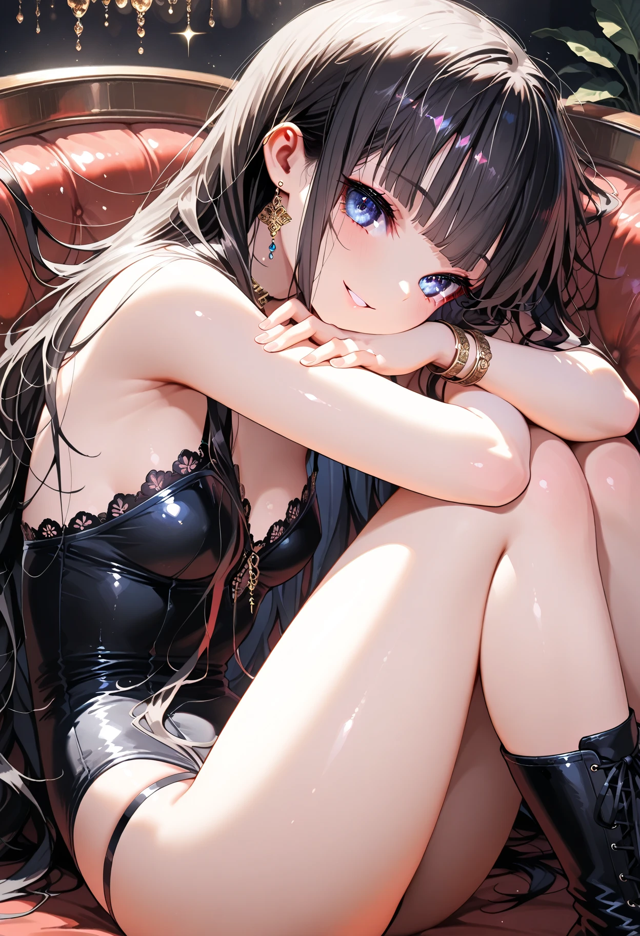 ((Biologically correct limb count))、(( From head to toe、Full-body photo including face))、4K、((Standing position))、masterpiece、((Focus on the face))、((Symmetrical facial features))、Eyes with detailed description、Beautiful woman、Great style、Beautiful arms、Beautiful legs、Beautiful Hands、(Small Ass、Thin thighs）、Facial detailing、Small earrings、necklace、(black latex wedding dress、((High heels、White garter stockings))）、Black Hair、((Alluring))、Walking with my head up、(Moonlit Lake Surface、Sit on the water)、Panty shot